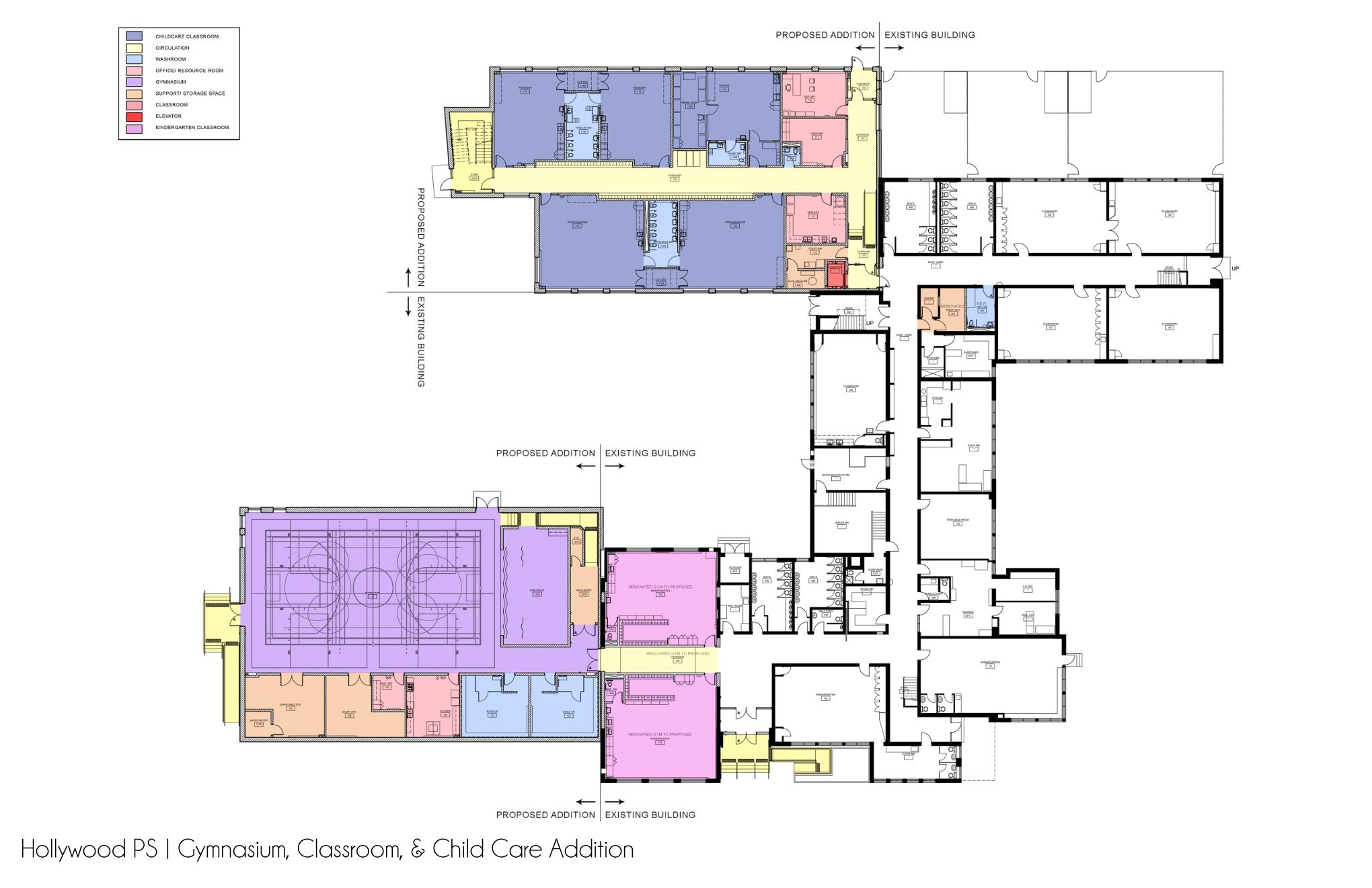 Architectural first floor plan looking down from above depicting instructional & operations spaces situated on the first floor after the project is completed. Open Gallery